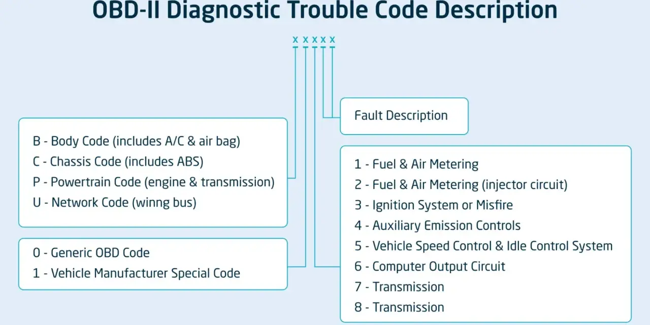 Diagram explaining OBD-II diagnostic trouble code categories (Body, Chassis, Powertrain, Network) and fault descriptions like Fuel & Air Metering.
