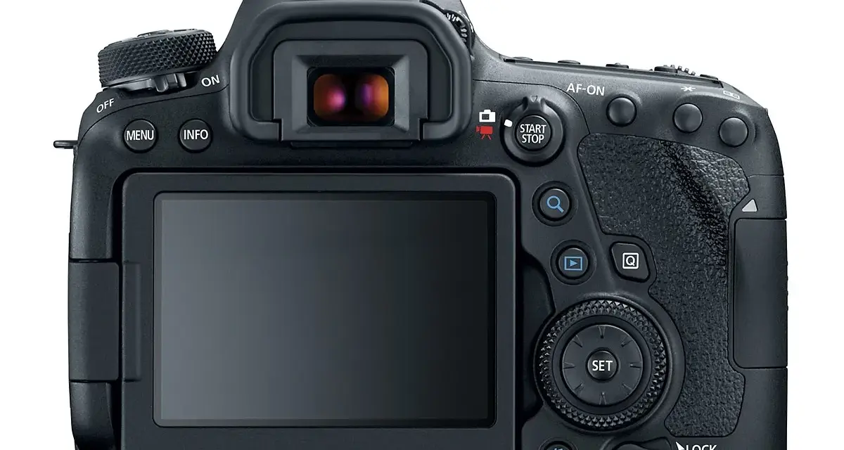 Arrière d'un appareil photo reflex numérique Canon 7D Mark III, avec écran LCD, viseur et boutons de commande.