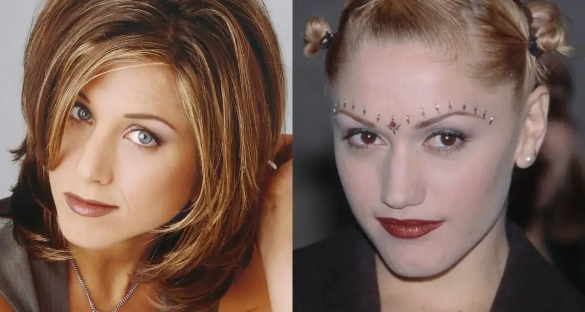 Ikony lat 90. z charakterystycznymi fryzurami: Jennifer Aniston z warstwową, brązową fryzurą i Gwen Stefani z kucykami i ozdobami na czole.