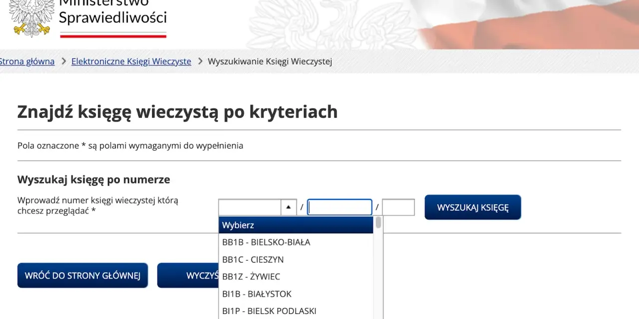 Formularz wyszukiwania księgi wieczystej. Można tu wprowadzić numer księgi, aby znaleźć informacje o nieruchomości.