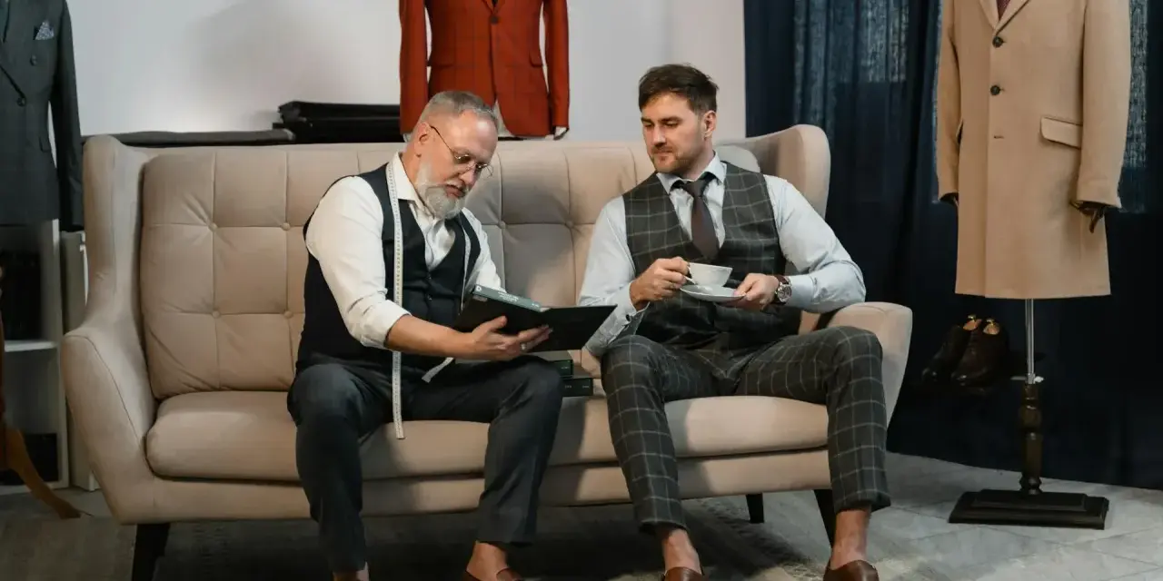 Dwóch mężczyzn w eleganckich kamizelkach i garniturach omawia stylizacje na święta bożego narodzenia. Jeden czyta książkę, drugi pije kawę.