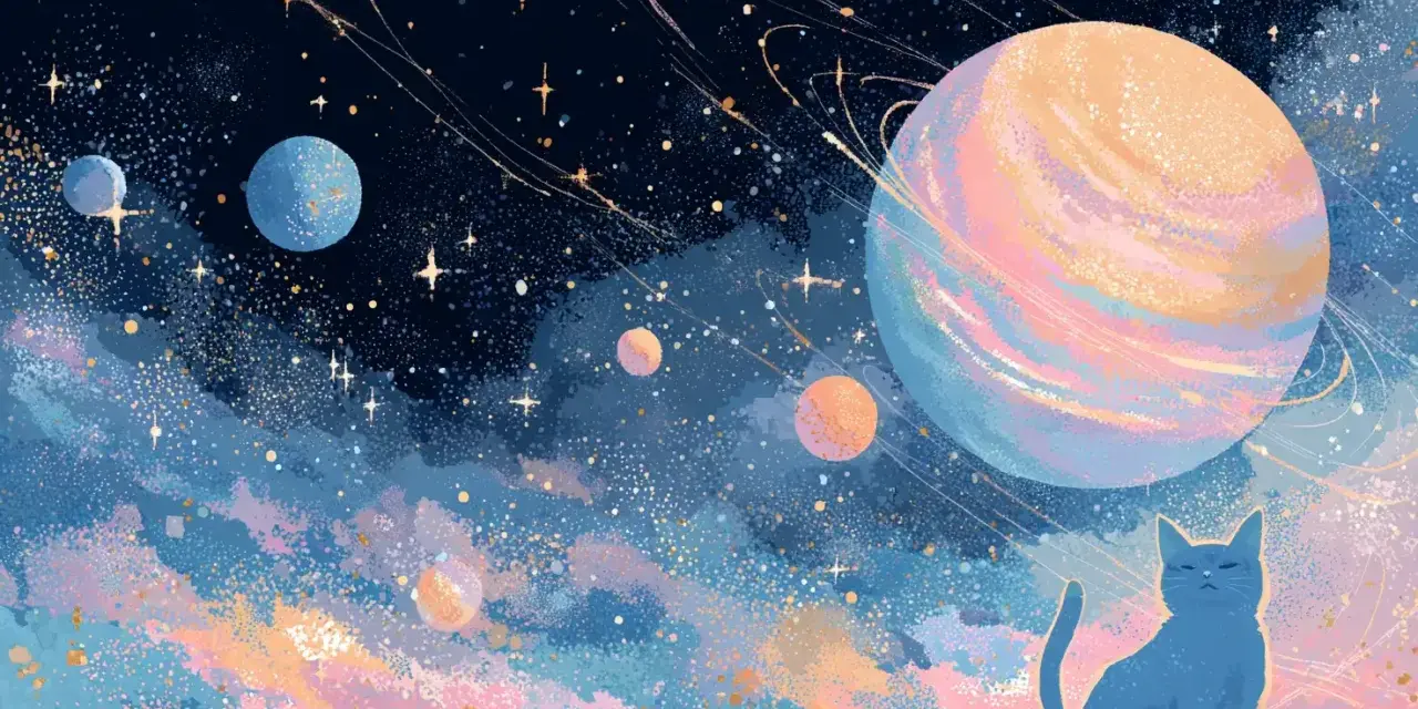 Niebieski kot obserwuje Jowisza w Pannie, otoczonego pierścieniami i innymi planetami w pastelowej mgławicy.