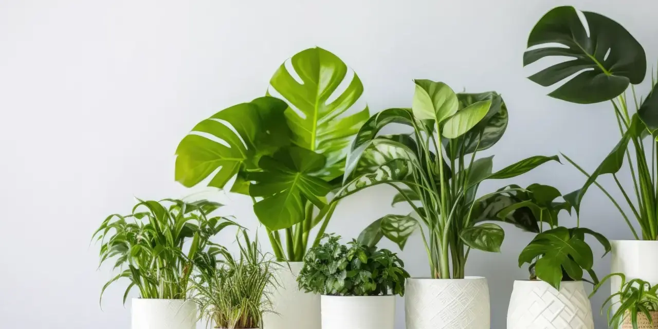 Zielone rośliny w białych doniczkach, idealne jako jakie kwiaty do łazienki. Monstera, paprocie i inne.