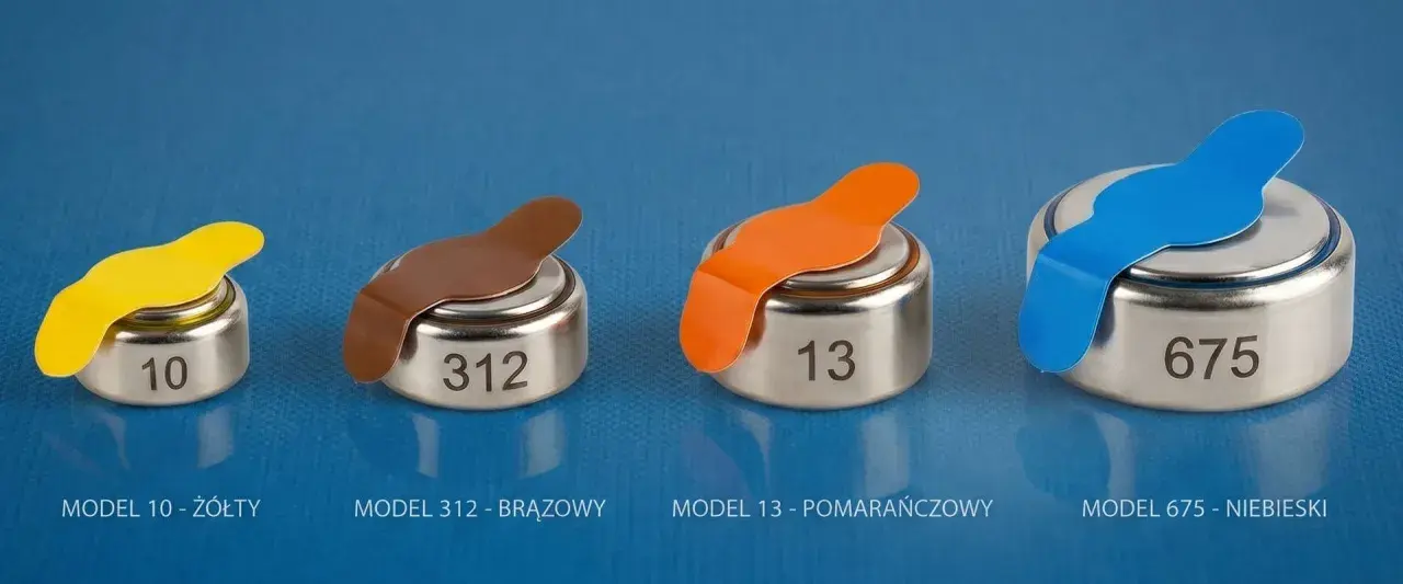 Baterie do aparatów słuchowych: żółta (10), brązowa (312), pomarańczowa (13) i niebieska (675).