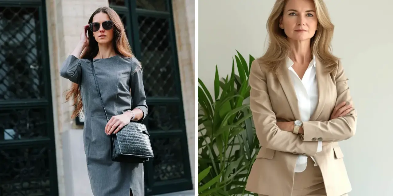 Dos mujeres con estilo business casual. Una lleva un vestido gris y bolso negro, la otra un traje beige y camisa blanca.