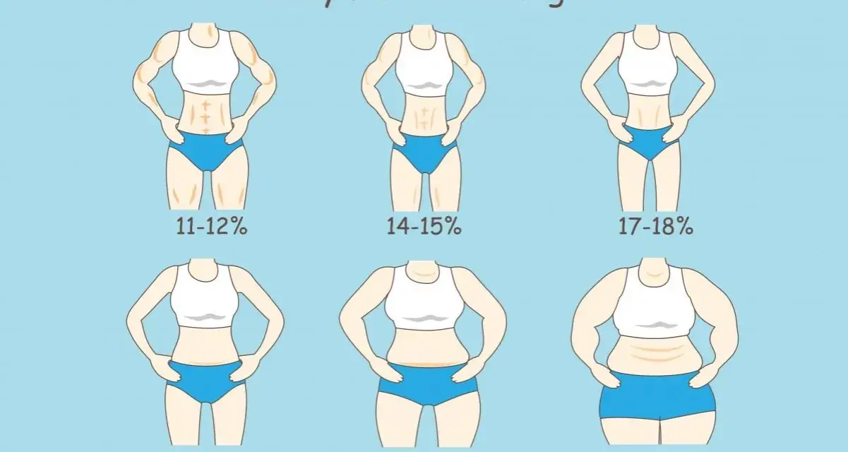 Ilustracja pokazuje różne poziomy procentu tkanki tłuszczowej u kobiet, od 11-12% (bardzo szczupła) do 34-35% (otyłość).