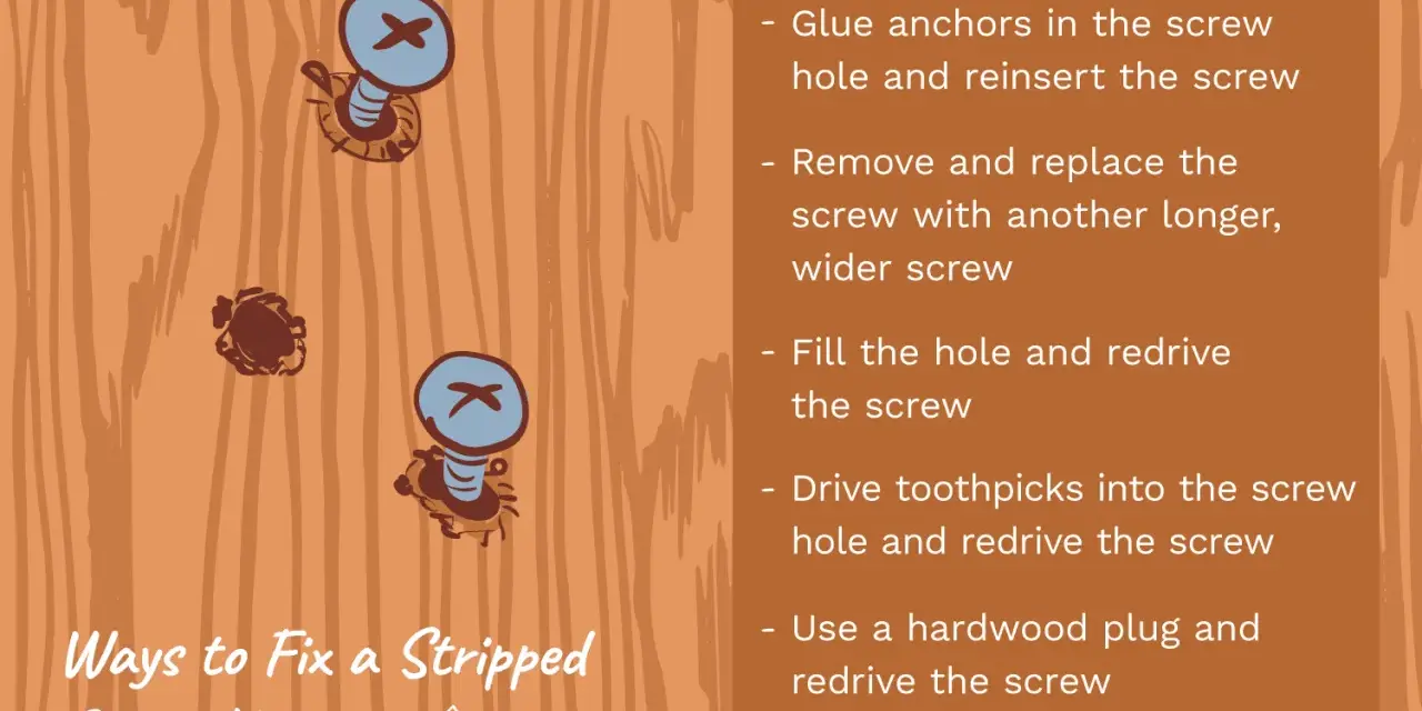 Illustration showing how to get a stripped screw out of wood using various methods like glue anchors, toothpicks, or a hardwood plug.
