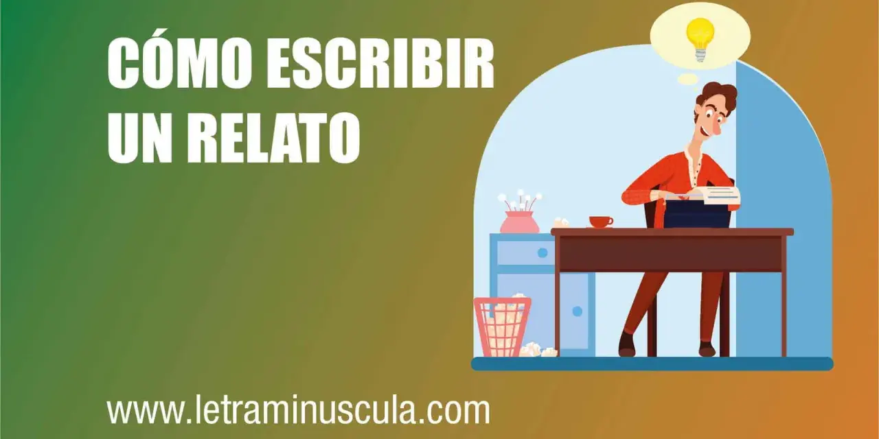 Hombre con idea de bombilla escribiendo en máquina de escribir, aprendiendo como escribir una historia.