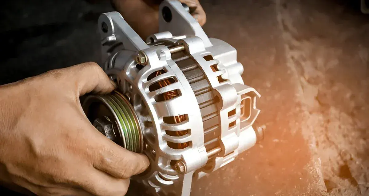 Hände halten eine Lichtmaschine. Sie ist ein wichtiges Bauteil, das Strom erzeugt, damit das Auto fährt.