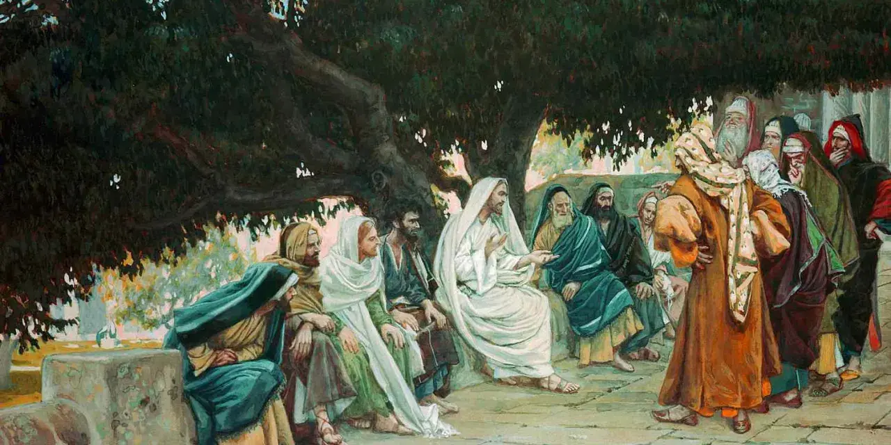 Jesus debates with the Sadducees in the Bible, who questioned his teachings under a large tree.