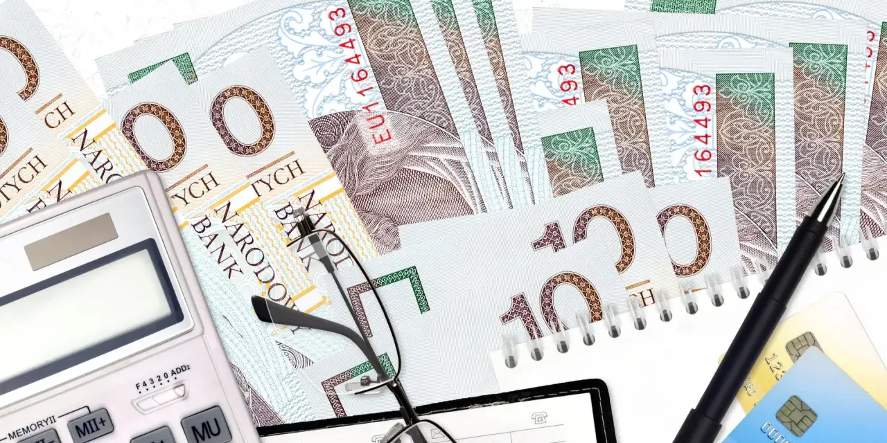 Zestaw do windykacji: banknoty, kalkulator, okulary i długopis. Bocian symbolizuje nadzieję na odzyskanie należności.