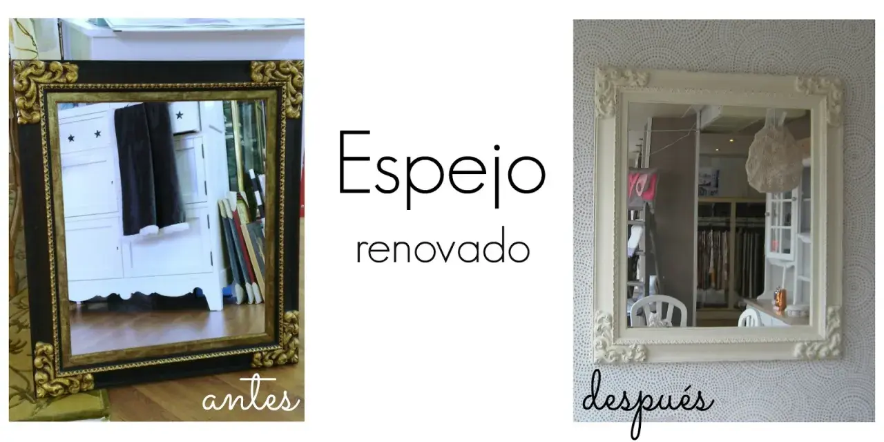 Espejos antiguos pintados a la tiza, antes y después. Un espejo con marco negro y dorado, y otro renovado en blanco.