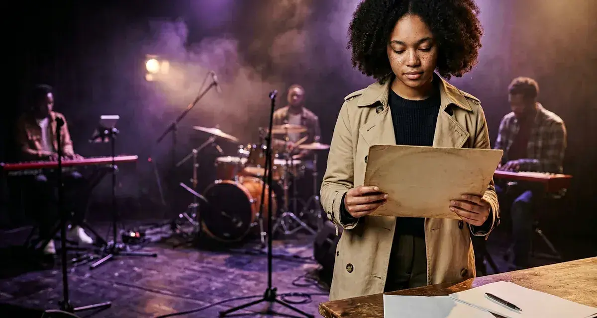 Jeune artiste auteur, concentrée sur ses partitions, sur scène avec son groupe. La cotisation artiste auteur est essentielle pour sa carrière.