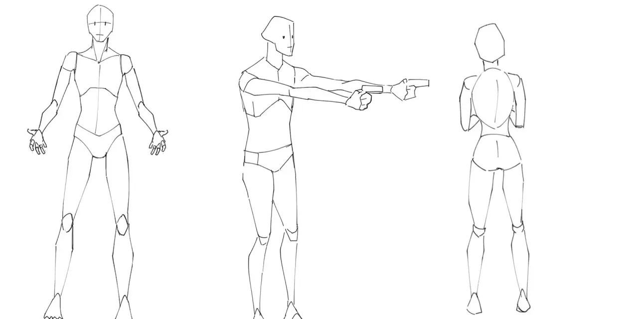 Croquis de pose dessin : une silhouette de face, une de profil tenant deux pistolets, et une de dos.