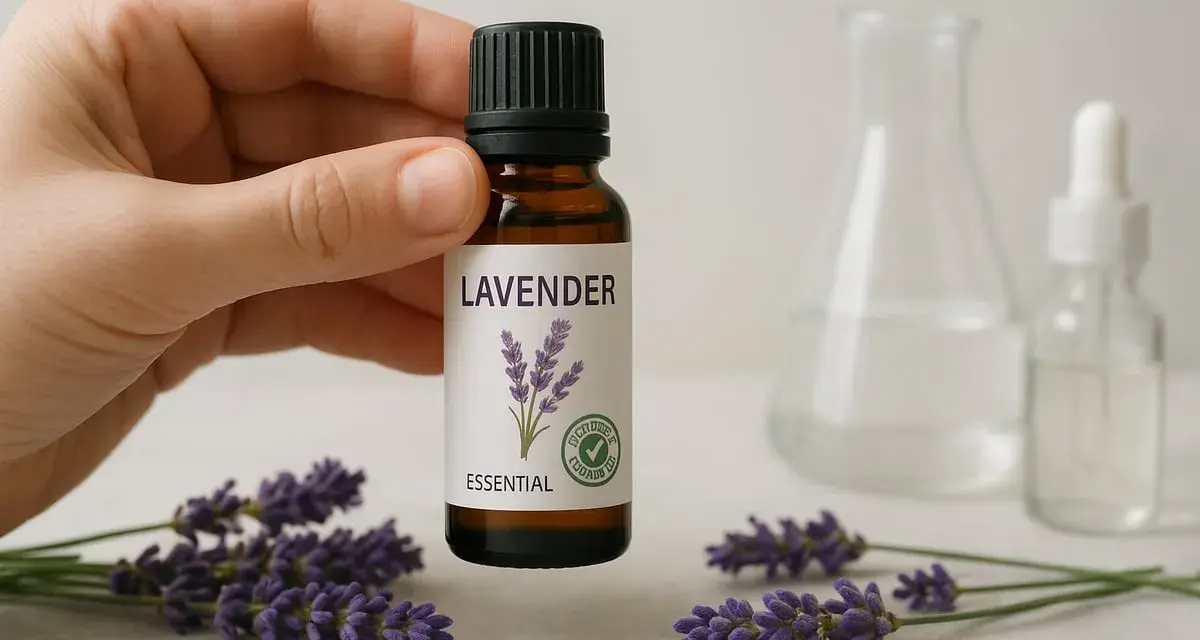 Mano sostiene botella de aceite esencial de lavanda, rodeada de flores. Descubre sus propiedades relajantes.