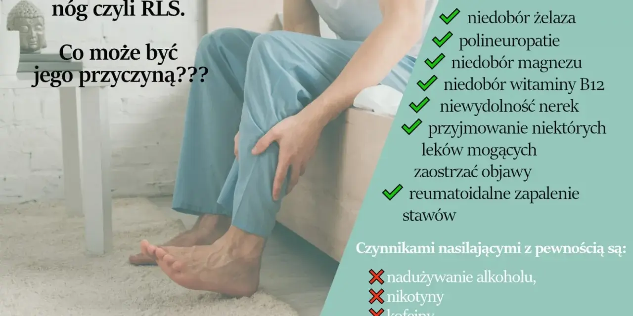 Cierpisz na zespół niespokojnych nóg w ciąży? Obraz przedstawia mężczyznę zmagającego się z RLS, z listą potencjalnych przyczyn i czynników nasilających.