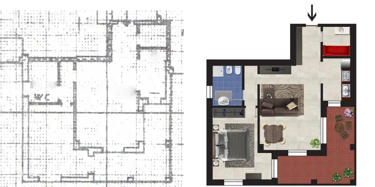 Pianta casa: schizzo grezzo a sinistra, progetto dettagliato a destra con soggiorno, camera, bagno, cucina e terrazzo.