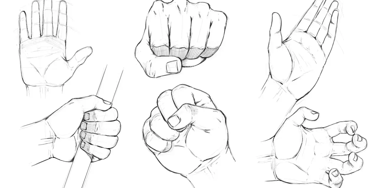 Étude de mains en différentes poses, esquissées par une personne en train de dessiner.