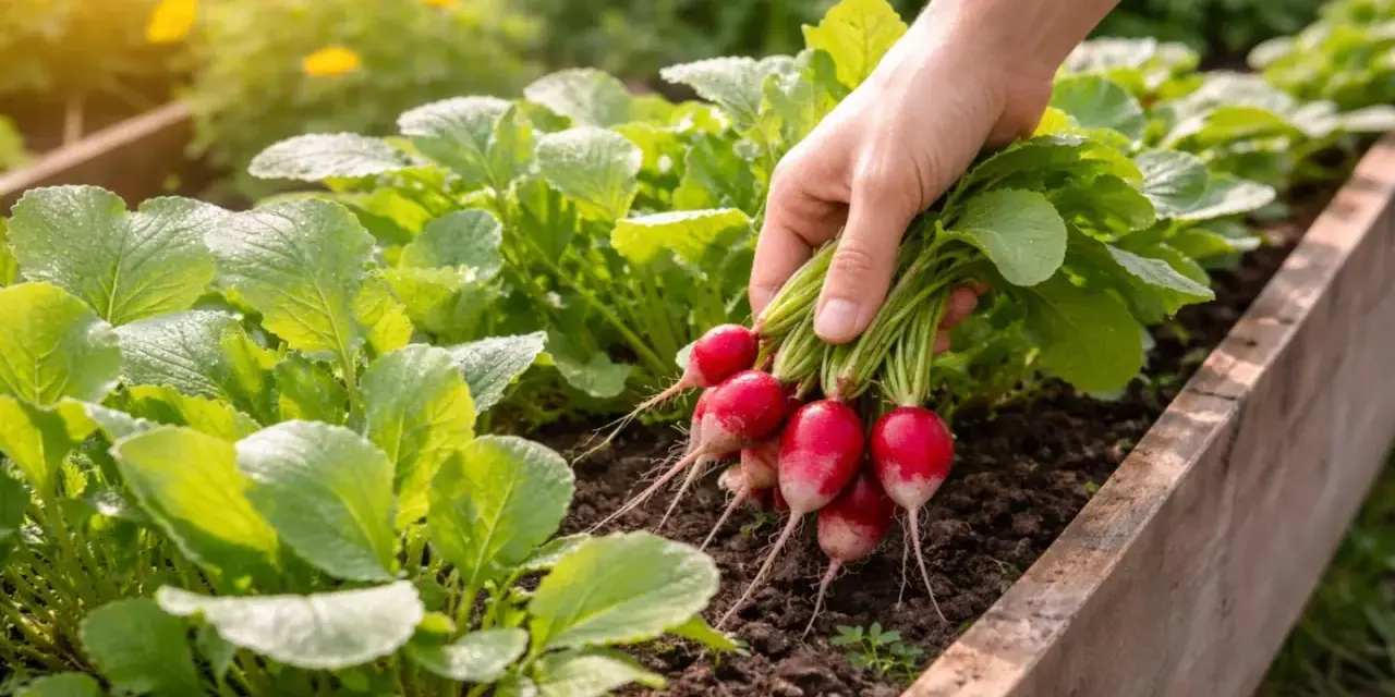 Frische Radieschen werden aus dem Beet geerntet. Die grünen Blätter und roten Knollen sind ein Zeichen für erfolgreiche Radieschen pflanzen.