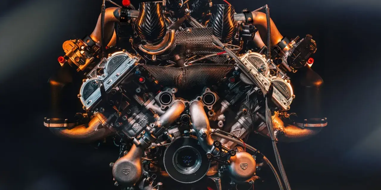 Potężny silnik V8 z podwójnym turbodoładowaniem, pełen skomplikowanych detali i metalowych elementów, gotowy do pracy.