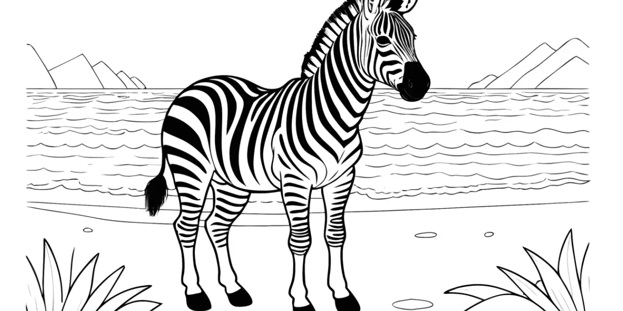Ett vackert zebra måleri med en zebra vid en vattenkant, med berg i bakgrunden.
