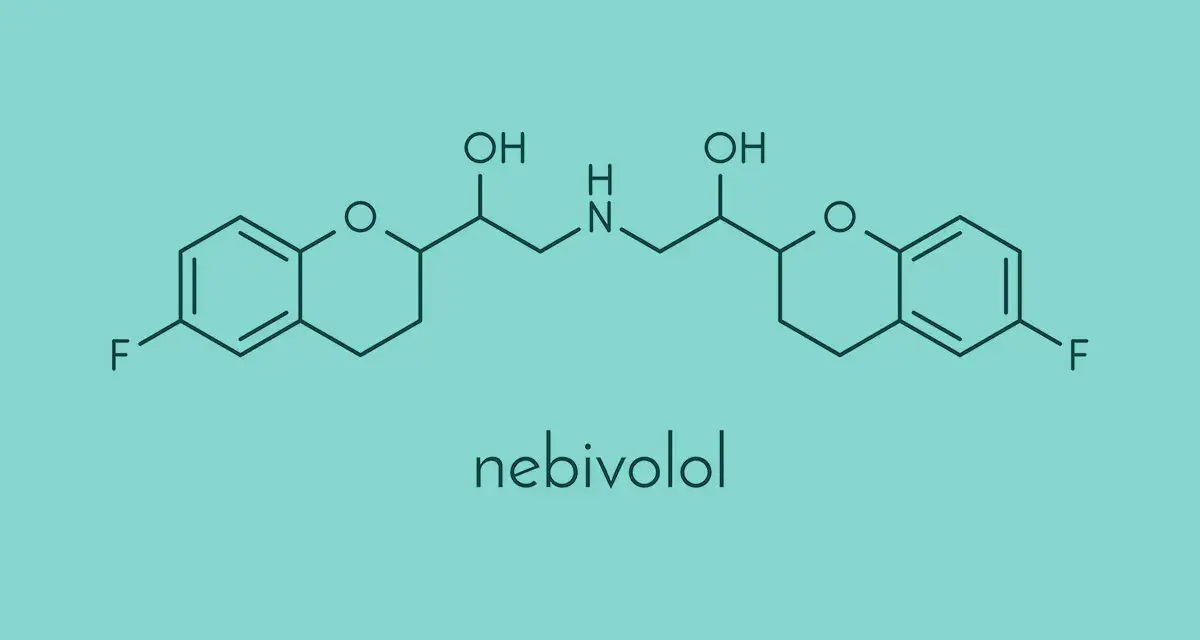 Struktura chemiczna nebiwololu, leku stosowanego w leczeniu nadciśnienia.