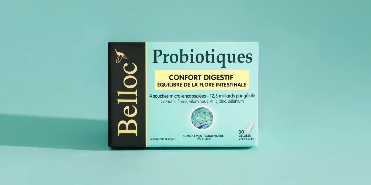 Boîte de probiotiques Belloc pour le confort digestif. Ce probiotique estomac équilibre la flore intestinale.