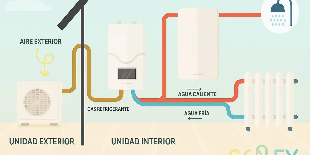 Diagrama de una bomba de calor para radiadores: unidad exterior capta aire, unidad interior calienta agua para radiador y ducha.