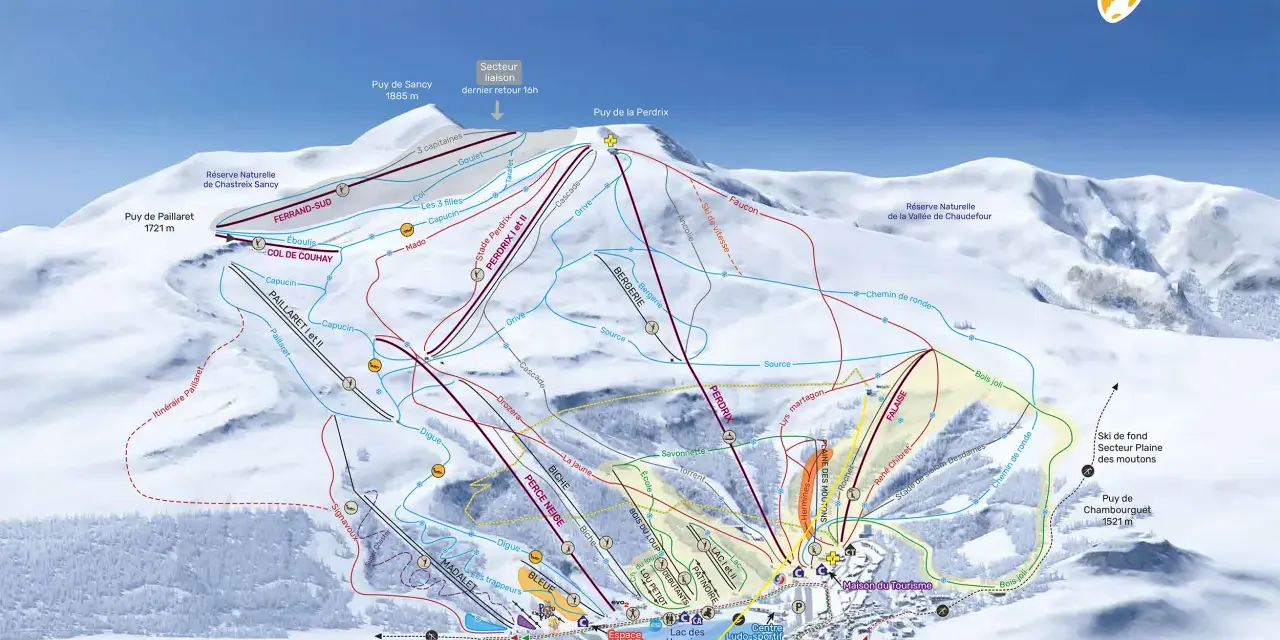 Carte des pistes de ski de Super Besse. Idéal pour savoir que faire à Super Besse sans neige : ski de fond, patinoire, centre ludo-sportif.