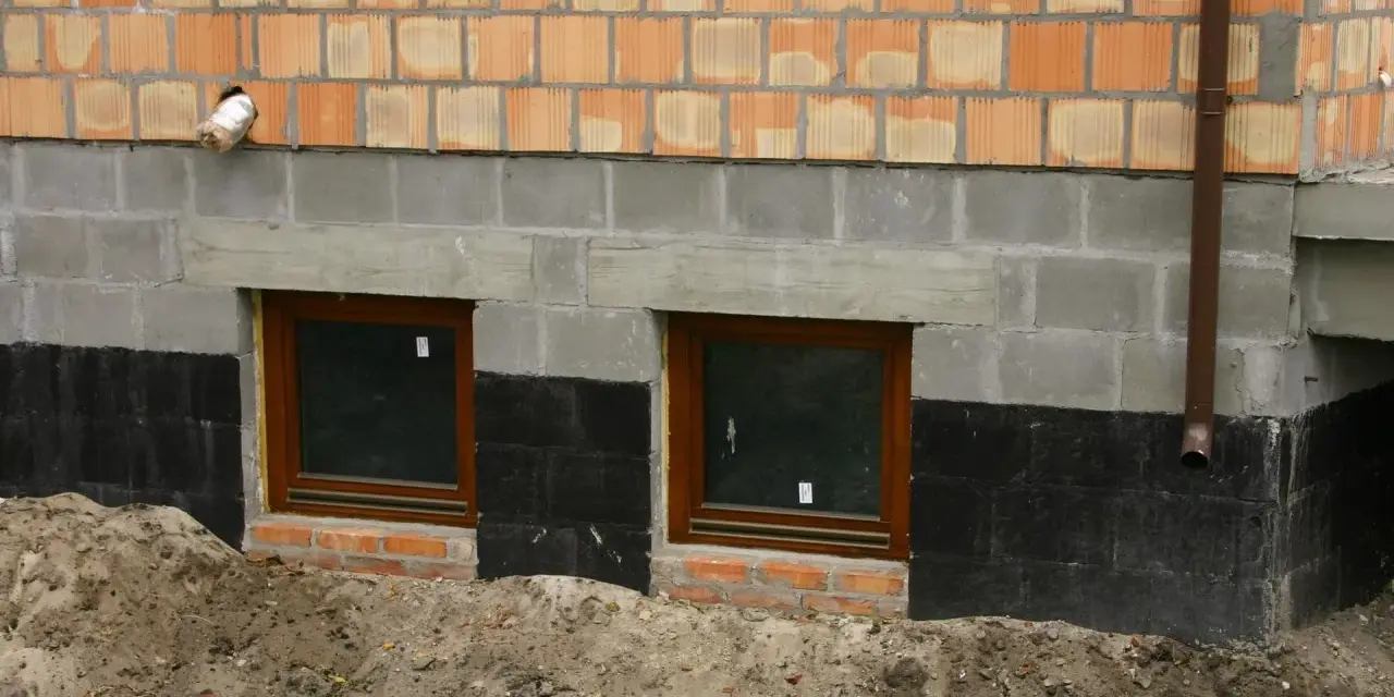 Budowa domu: ile kosztuje ocieplenie fundamentów? Widoczne okna piwniczne, izolacja przeciwwilgociowa i materiały budowlane.