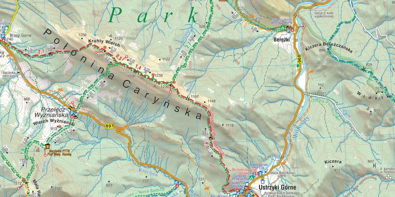 Mapa turystyczna Bieszczad. Widoczne szlaki, schroniska, przełęcze i szczyty, m.in. Połonina Caryńska, Bereżki, Ustrzyki Górne.