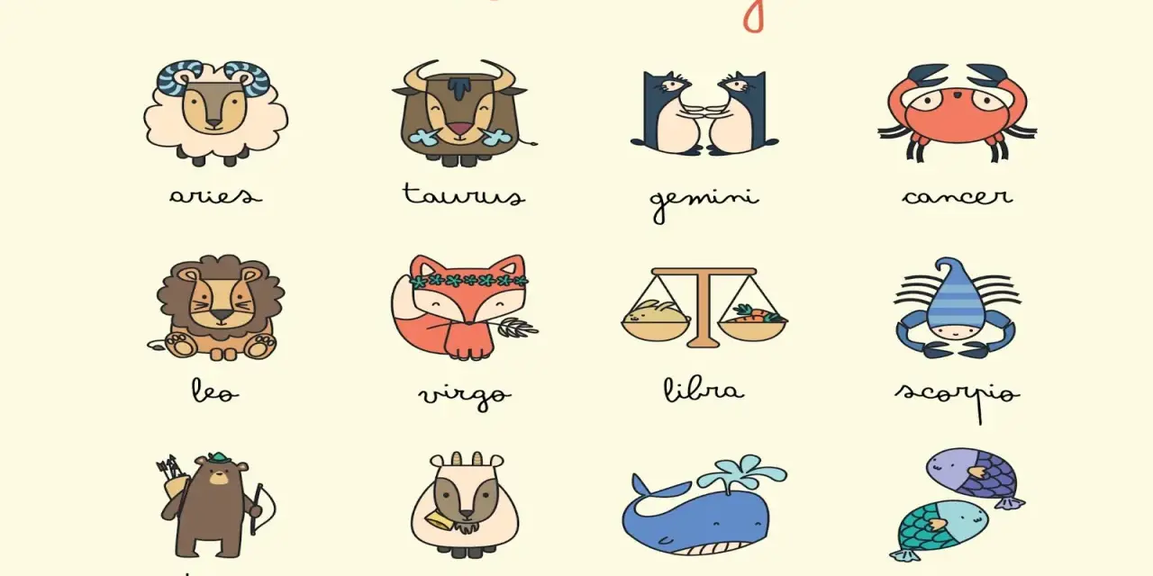 Urocze zwierzątka reprezentujące znaki zodiaku. Baran, Byk, Bliźnięta, Rak, Lew, Panna, Waga, Skorpion, Strzelec, Koziorożec, Wodnik, Ryby. 8 maj znak zodiaku to Byk.