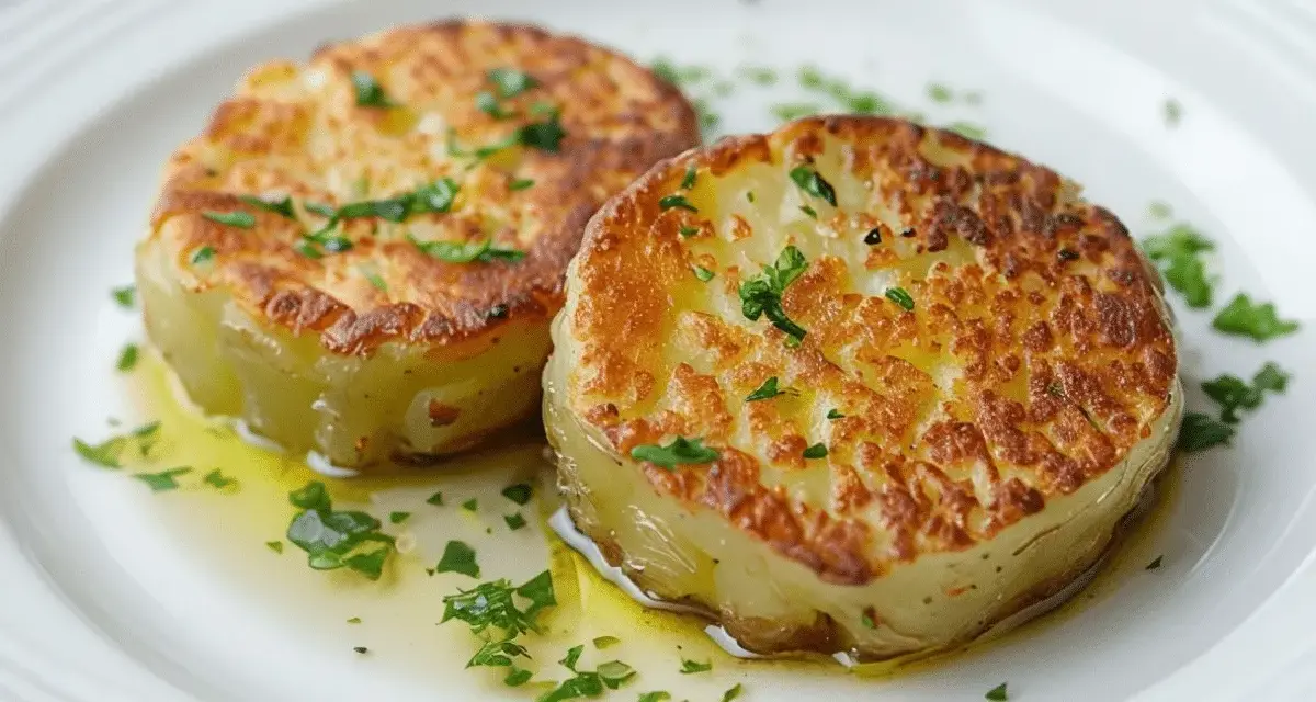Dos rodajas de patatas al caliu doradas y tiernas, bañadas en aceite de oliva y espolvoreadas con perejil fresco.
