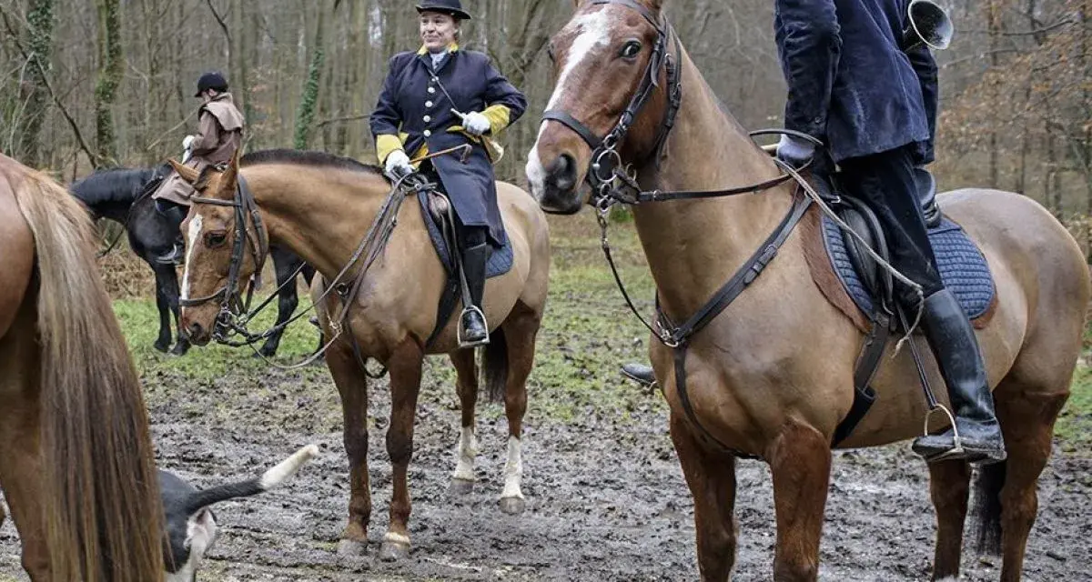 Cavaliers en tenue de chasse à courre, prêts pour l'aventure dans la forêt boueuse.