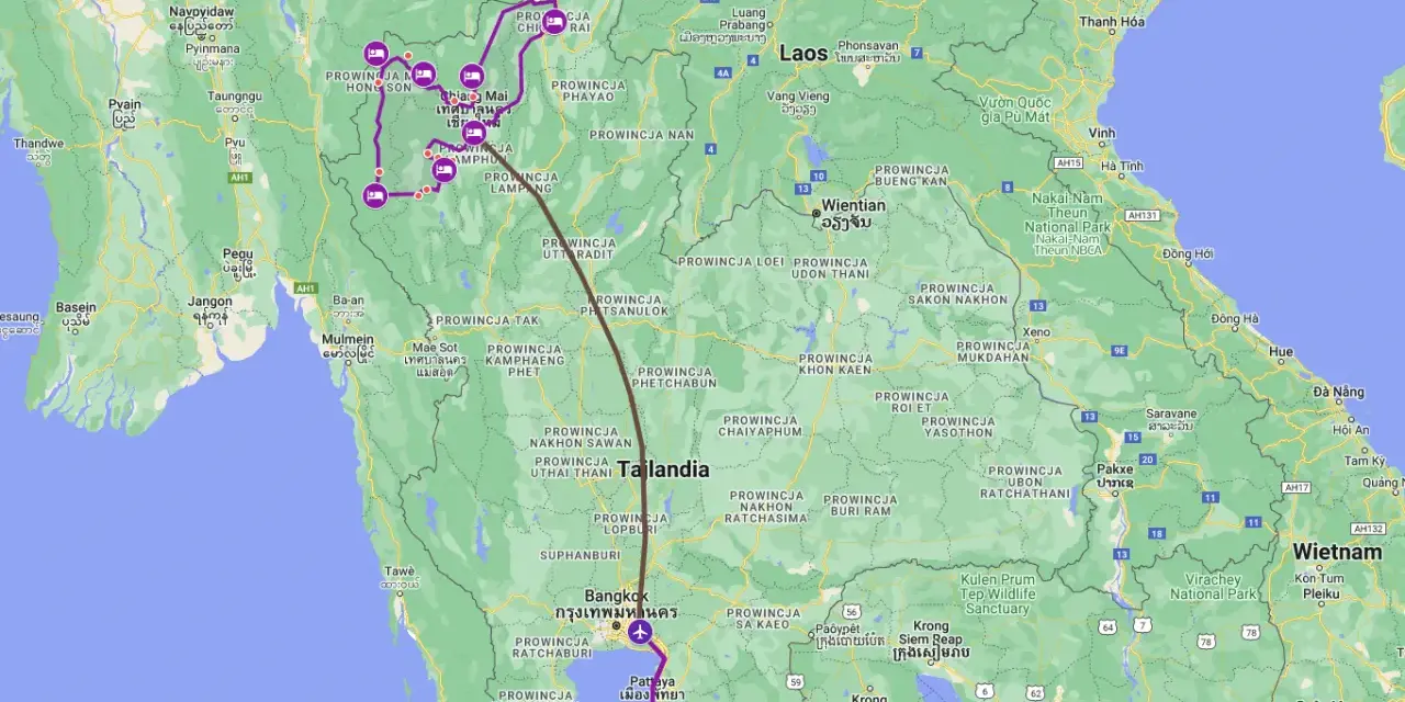Trasa podróży przez Tajlandię, z zaznaczonymi punktami w Chiang Mai i okolicach, prowadzi przez malownicze prowincje.