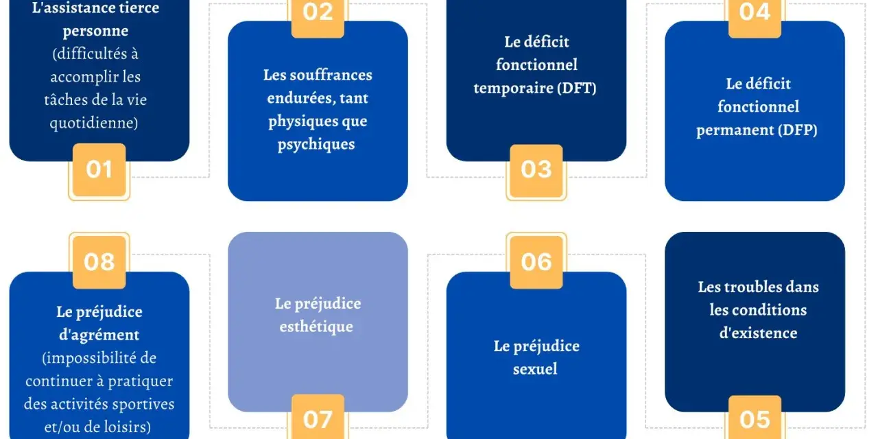Schéma illustrant les différents préjudices liés à une maladie professionnelle dans la fonction publique : assistance tierce personne, souffrances physiques/psychiques, déficits fonctionnels, préjudices d'agrément, esthétique, sexuel, et troubles dans ...