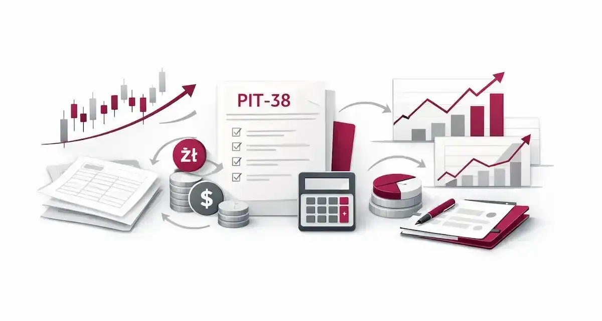 Dokument PIT-38, kalkulator, monety i wykresy wzrostu symbolizują analizę finansową i rozliczenia podatkowe.