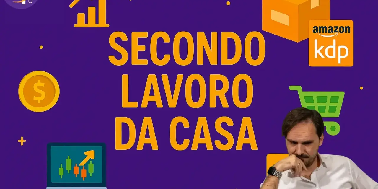 Uomo pensieroso, grafici, pacco Amazon KDP e carrello: idee per trovare un secondo lavoro da casa e aumentare i guadagni.