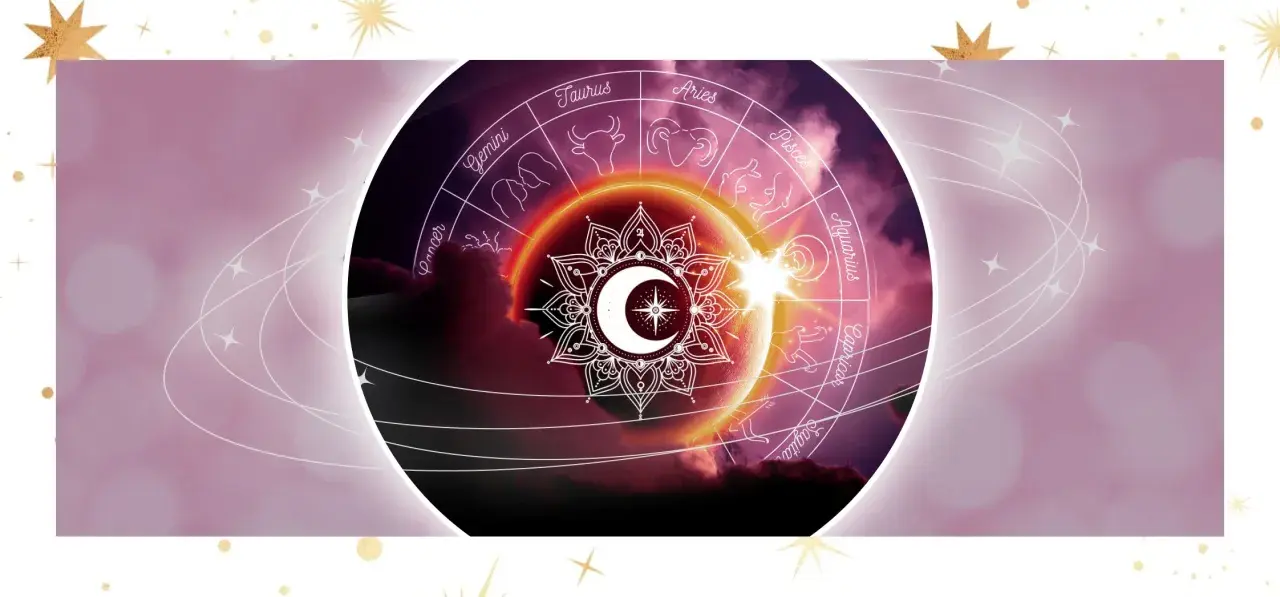 Zodiakalny krąg z symbolem księżyca i gwiazd, otoczony zorzą. Wiosenna równonoc zapowiada nowy cykl.