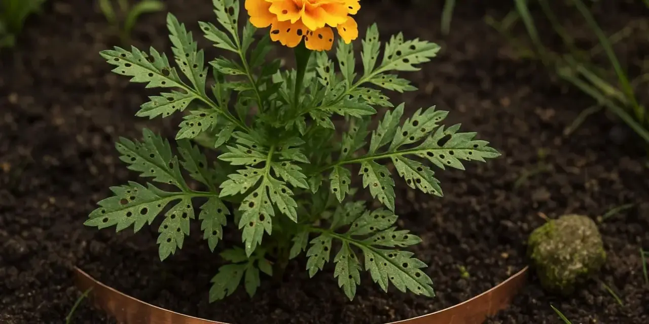 En ensam, gul tagetes med hål i bladen, omgiven av mörk jord och en kopparkant. Ett tecken på att det är dags att odla tagetes.