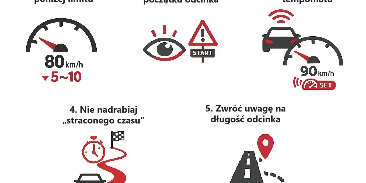 Instrukcja do odcinkowego pomiaru prędkości S7: ustaw prędkość poniżej limitu, obserwuj znaki, korzystaj z tempomatu, nie nadrabiaj czasu, zwróć uwagę na długość odcinka.