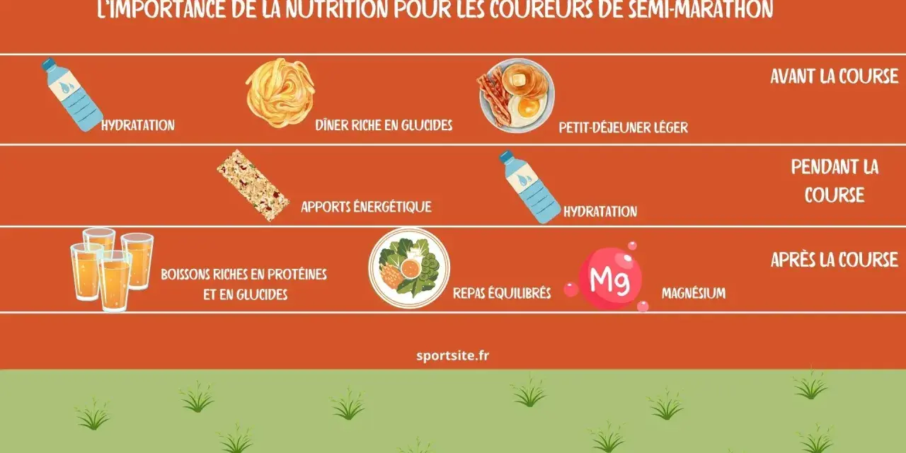 Conseils nutritionnels pour le semi-marathon : hydratation, dîner glucidique, petit-déjeuner léger, apports énergétiques, boissons protéinées et repas équilibrés.
