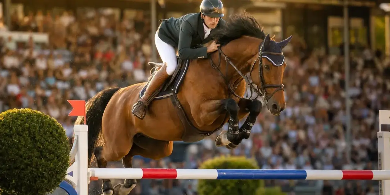 Cavalier et cheval brun en plein saut d'obstacles lors d'un parcours cso devant une foule en délire.