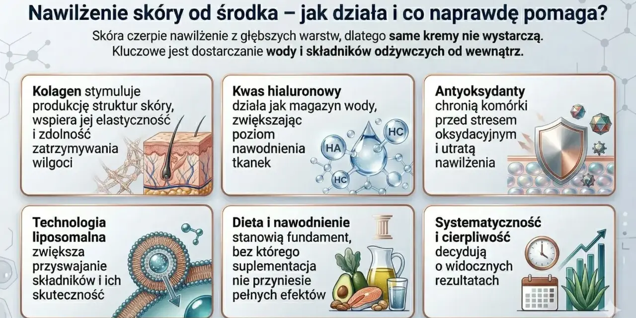 Jak nawilżyć skórę głowy od środka? Grafika wyjaśnia rolę kolagenu, kwasu hialuronowego, antyoksydantów, technologii liposomalnej, diety i nawodnienia.
