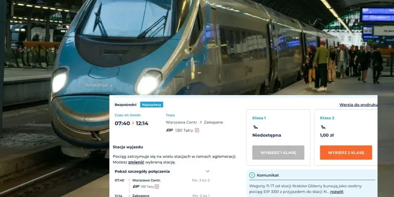 Nowoczesny pociąg EIP "Tatry" na dworcu, z widocznym interfejsem do zakupu biletów do Zakopanego.