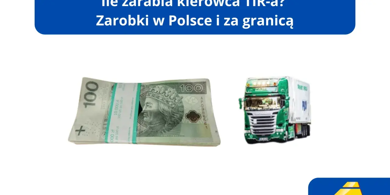 Stos banknotów 100 zł i zielona ciężarówka TIR.