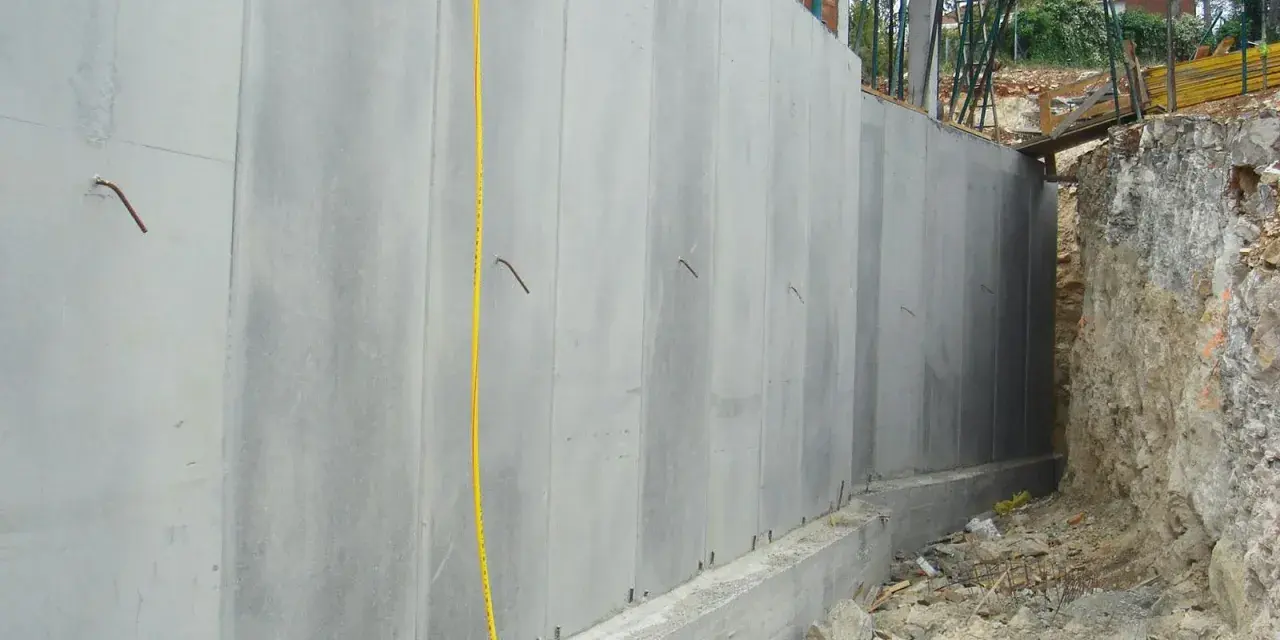 Muro de hormigón prefabricado para un sótano en construcción. El coste de construcción del sótano se ve reflejado en estos materiales.