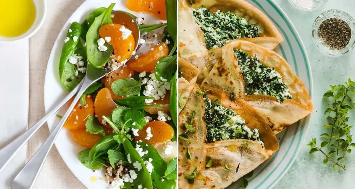 Deliciosas recetas con espinacas: ensalada fresca con naranja y queso feta, y crepes rellenos.