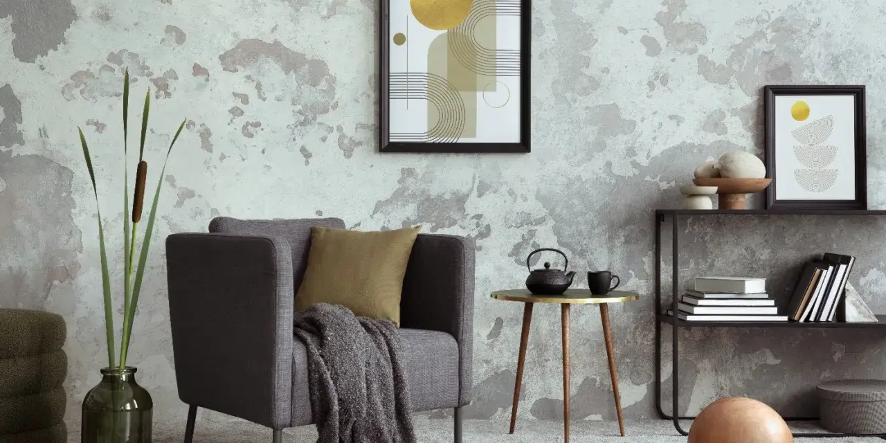 Salón moderno con pared texturizada que combina papel pintado y pintura. Sillón gris, mesa auxiliar dorada, estantería y arte abstracto.