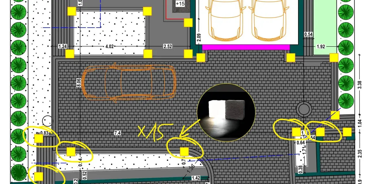 Projekt oświetlenia w domu: rozmieszczenie lamp, ścieżek, drzew i miejsc parkingowych.
